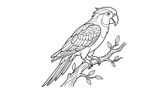 Outline Parrot Sitting on Tree Branch, Line Art Illustration