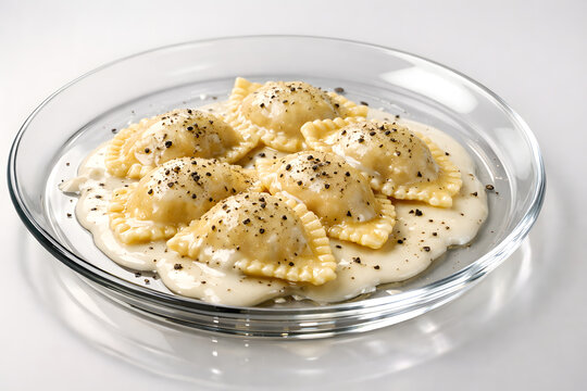 Transparent glass plate cacio e pepe ravioli composition reveals layered sauce reflections and contemporary aesthetics