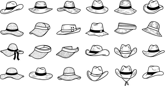 Black and White Line Art Collection of Various Hats, Caps, and Sun Visors for Fashion and Accessory Design