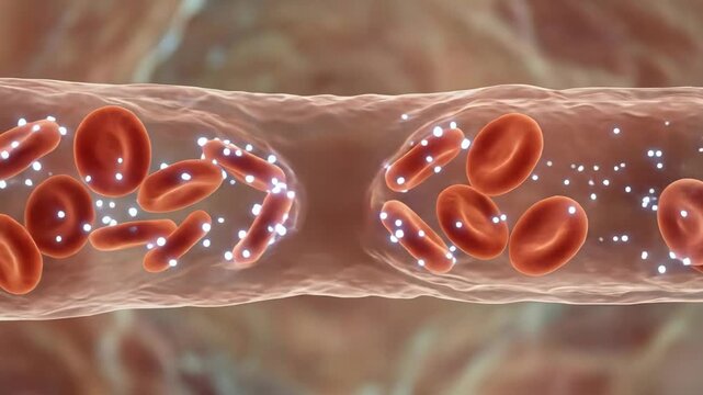 Red blood cells flow through a translucent capillary alongside glowing blue oxygen or glucose spheres. This high-quality medical CGI render is perfect for hematology, anatomy, and cardiovascular syste