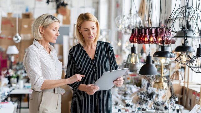 Customers consulting and comparing decorative lighting solutions in modern home showroom. Home and lifestyle shopping concept with interior planning and design decisions