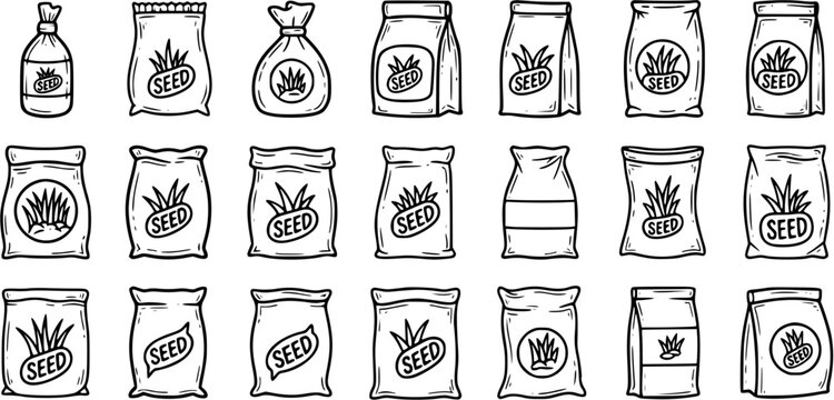 Black and White Line Art Collection of Seed Bags Icons, Agriculture and Gardening Concept