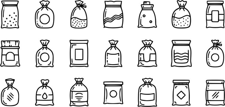 Black and White Line Art Icons of Various Bags and Jars for Food and Packaging