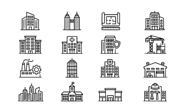 Thin Line Architecture and Building Icons Set Featuring Office, Skyscraper, Twin Towers, Insurance and Real Estate Vector Collection