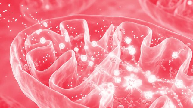 A vibrant purple 3D animated view inside a biological cell showing the folded inner membrane matrix and glowing ATP energy particles. This loop background is optimized for cellular respiration and bio