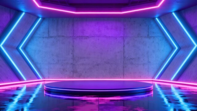 Neonlit futuristic stage with reflective floor