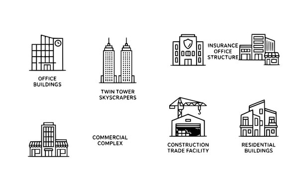 Building and Architecture Icons Set in Modern UI Card Style Featuring Office, Twin Towers, Insurance and Real Estate Vector Pack