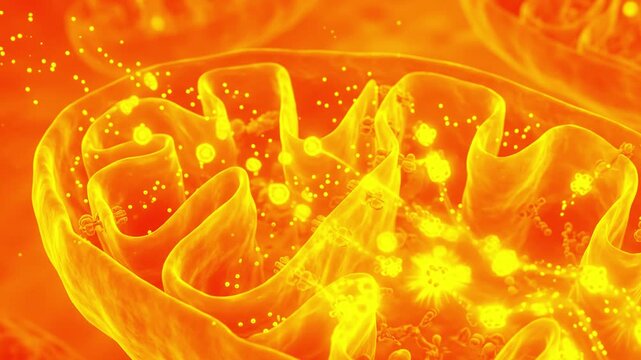 A vibrant purple 3D animated view inside a biological cell showing the folded inner membrane matrix and glowing ATP energy particles. This loop background is optimized for cellular respiration and bio