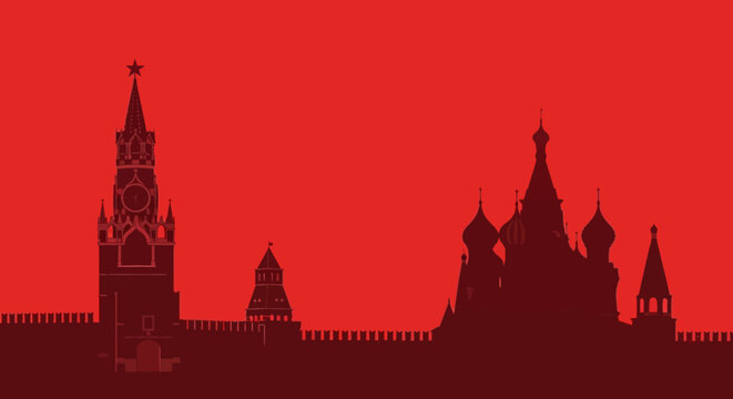 Moscow Kremlin and St. Basil's Cathedral Silhouette, Red Background
