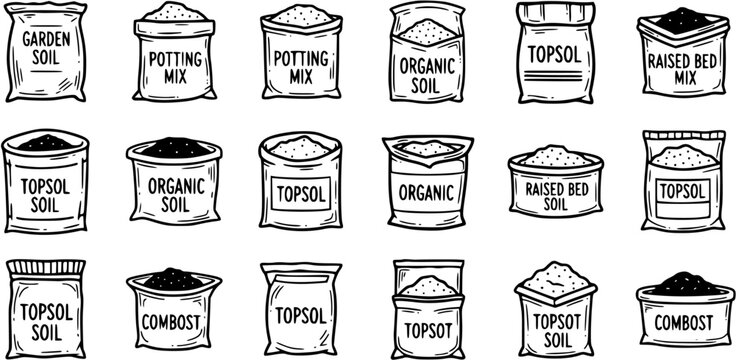 Hand-drawn Black  White Line Art Collection of Gardening Soil Bags and Mixes. Outline Icons for Horticulture: Topsoil, Potting Mix, Organic Soil, Compost, Raised Bed Soil.