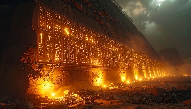 Ancient Temple Lit by Fires at Night.