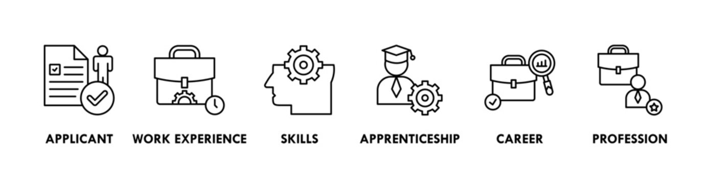 Traineeship banner web icon illustration concept for apprenticeship on job training program with icon of applicant, work experience, skills, internship, career, and profession