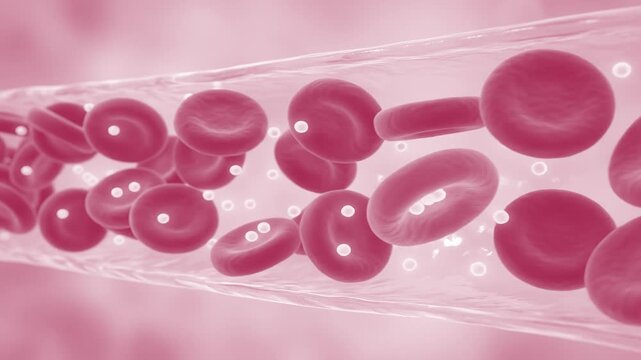 Red blood cells flow through a translucent capillary alongside glowing blue oxygen or glucose spheres. This high-quality medical CGI render is perfect for hematology, anatomy, and cardiovascular syste