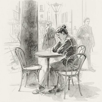 Vintage black and white illustration of a woman sitting on a bench in a retro antique style scene