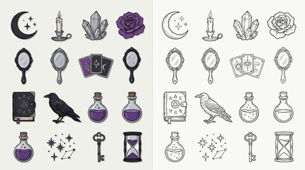 Obraz premium Collection of occult and mystical symbols in color and outline versions, including moon, candle, crystals, rose, mirror, tarot cards, raven, potion, book, key, hourglass, and stars.