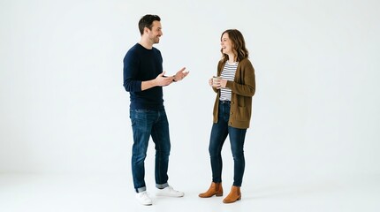 Fototapeta premium Young Man and Woman Engaged in Conversation on White Background.