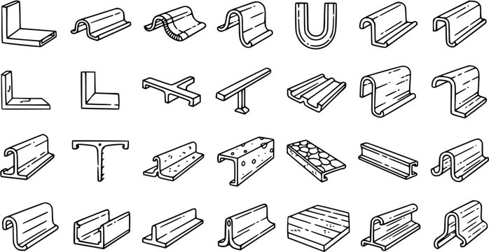 Construction  Engineering Metal Profiles Line Art Icons. Industrial Structural Steel Shapes, Beams, Angles, Channels, and Extrusions Outline Sketch Set.