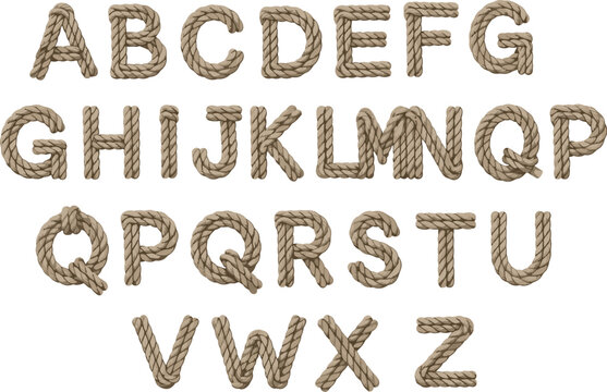Rope alphabet letters typography, nautical rustic font design, textured rope style characters, creative decorative alphabet artwork, handmade flat vector illustration
