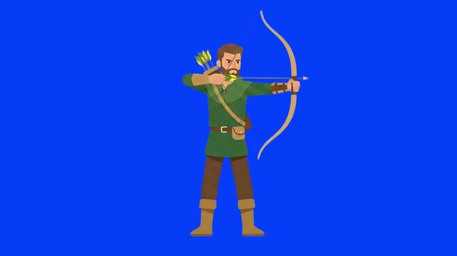 A 2D flat animation of a historical archer or hunter character aiming a wooden bow and pulling back an arrow string. Designed for video game UI assets, history documentaries, and fantasy storytelling 