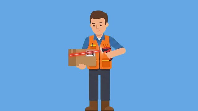 A 2D animated logistics worker in a safety vest stands holding a package and scanning the barcode label. This clean, flat-style vector graphic is designed for commercial delivery, post, or warehouse o