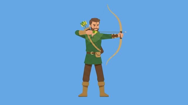 A 2D animated archer character in a green tunic and boots stands in place, pulls back a string, and aims his wooden bow and arrow. This flat vector loop asset is perfect for historical, fantasy, or ga