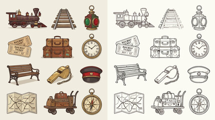 Collection of vintage train travel icons and illustrations, including locomotives, tracks, luggage, and maps. © renender