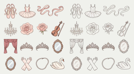 Collection of elegant ballet and princess themed illustrations including tutus, pointe shoes, tiaras, and swans. © renender