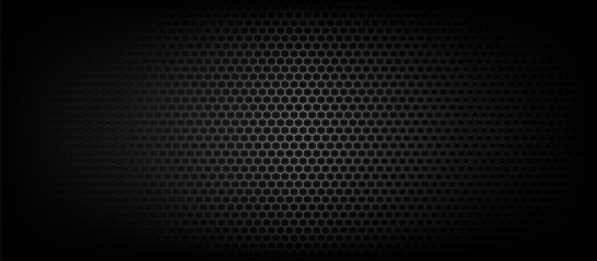Black hexagon mesh speaker grille vector banner. Dark metallic honeycomb grid background with carbon texture and vignette for gaming and automotive design. © Kolerowa