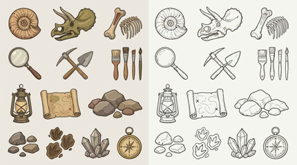 Collection of illustrated icons related to paleontology and archaeology, including fossils, tools, and maps. © renender