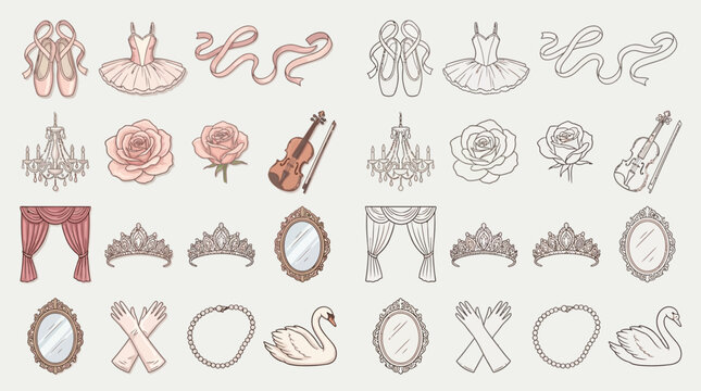 Collection of elegant ballet and princess themed illustrations including tutus, pointe shoes, tiaras, and swans.