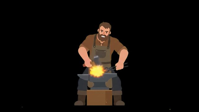 A bearded 2D animated blacksmith swings a hammer onto glowing hot metal placed on an anvil, causing bright sparks to fly. The isolated black background provides dramatic contrast for industrial or his