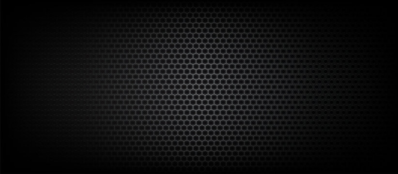 Black hexagon mesh speaker grille vector banner. Dark metallic honeycomb grid background with carbon texture and vignette for gaming and automotive design.
