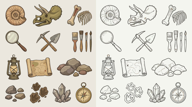 Collection of illustrated icons related to paleontology and archaeology, including fossils, tools, and maps.