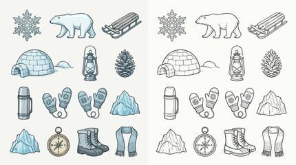 Collection of winter icons and illustrations, including a polar bear, igloo, snowflake, and winter clothing. © renender