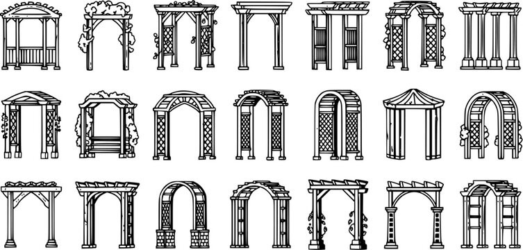 Black and White Line Art Collection of Garden Arbors and Pergolas, Architectural Designs