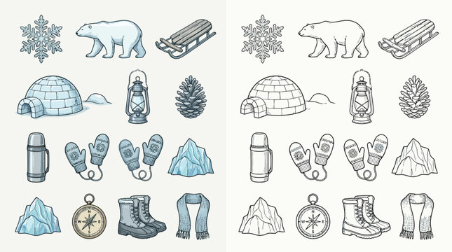 Collection of winter icons and illustrations, including a polar bear, igloo, snowflake, and winter clothing.