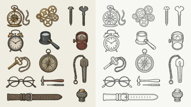 Collection of vintage steampunk style objects and tools, including pocket watches, gears, alarm clocks, compasses, glasses, and watch straps.