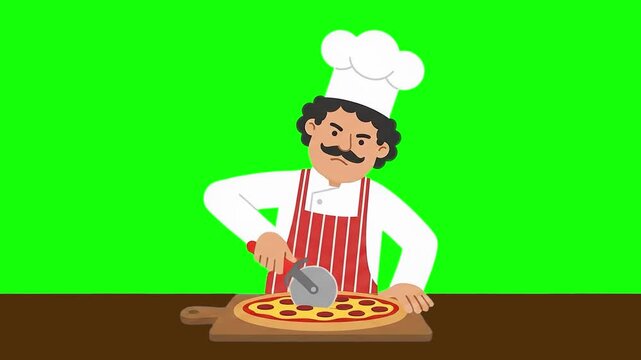 A 2D animated Italian chef character wearing a white hat and apron uses a rotary cutter to slice a fresh pizza. The clean green screen background provides seamless integration for restaurant promos.