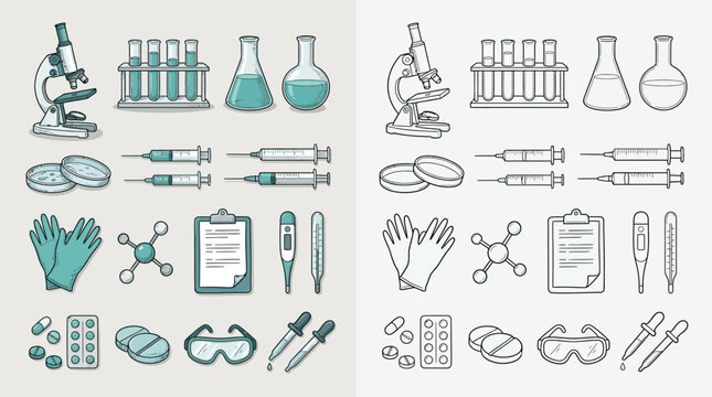 Set of medical and scientific equipment icons, including microscope, test tubes, flasks, petri dishes, syringes, gloves, pills, and safety glasses.