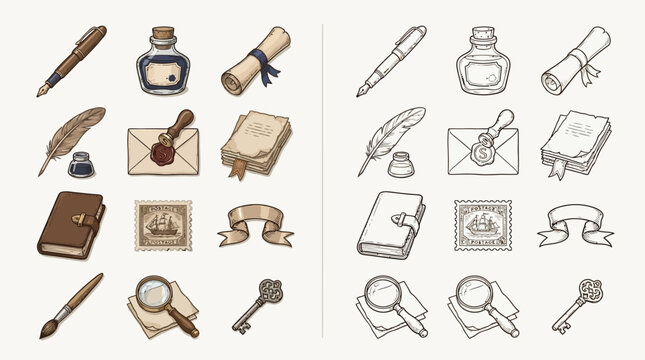 Collection of vintage writing and stationery icons, including pens, inkwells, scrolls, letters, and magnifying glass.