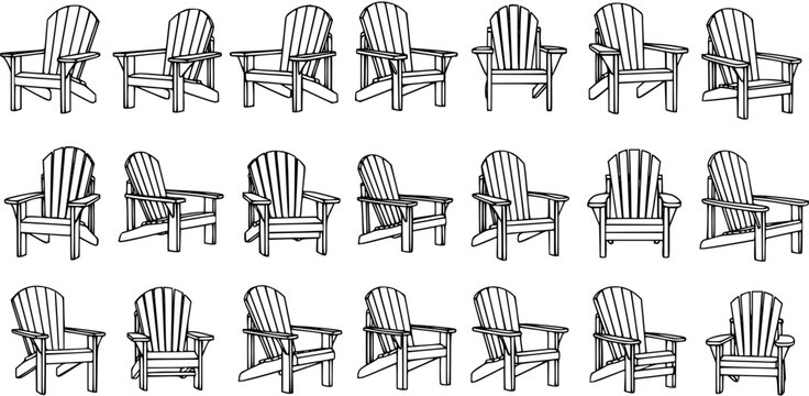 Black and White Line Art of Adirondack Chairs Collection, Outdoor Furniture Design