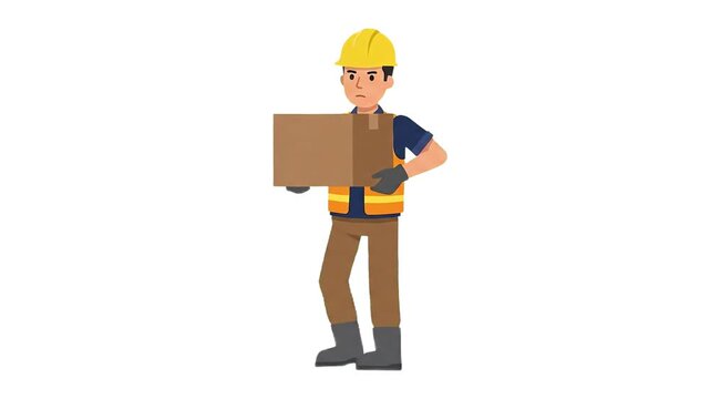 A 2D flat animation of a male worker character in a yellow hard hat and safety vest carrying a cardboard parcel box. Ideal for logistics presentations, delivery service promos, and industrial safety t