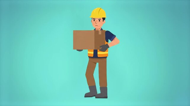 A 2D animated worker or courier in a yellow hard hat and safety vest stands holding a large cardboard box package. This flat design sequence is perfect for logistics, shipping, delivery, or constructi
