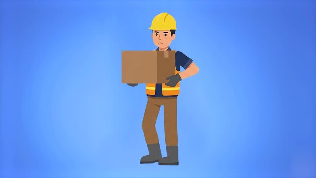 A 3D animated worker wearing a yellow hard hat and safety vest walks while carrying a cardboard box. This delivery man or builder character is isolated on a chroma key blue screen.