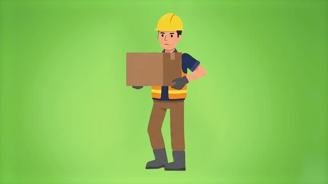 A 3D animated worker wearing a yellow hard hat and safety vest walks while carrying a cardboard box. This delivery man or builder character is isolated on a chroma key green screen.