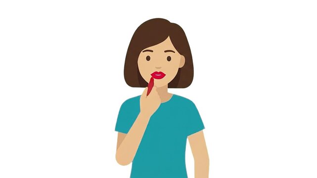 A 2D animated young woman applies bright red lipstick to her lips against a clean white background. This flat vector loop asset is ideal for beauty vlogs, cosmetics commercials, and makeup tutorials.