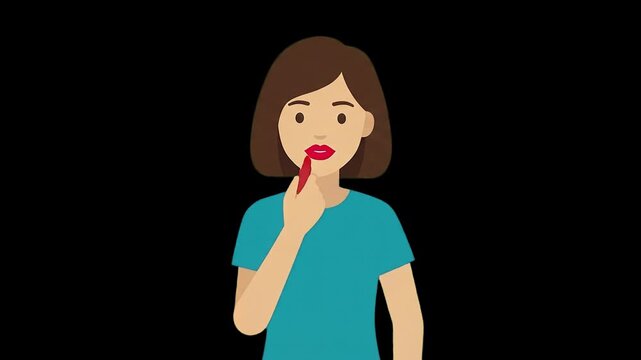 A 2D animated young woman applies red lipstick to her lips against a solid black background. This flat vector animation is designed for beauty, makeup tutorials, and cosmetics commercial projects.
