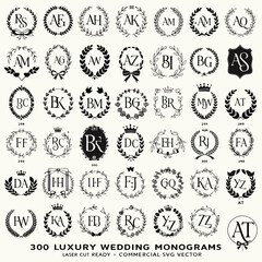 Hand-drawn elegant wedding monogram with laurel crown and calligraphy initials design © Creative_Nias