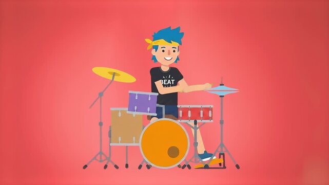 A 2D flat animation of a young male drummer with blue hair enthusiastically playing a full drum kit. Ideal for musical promotions, youthful rhythm content, and energetic motion graphic design.