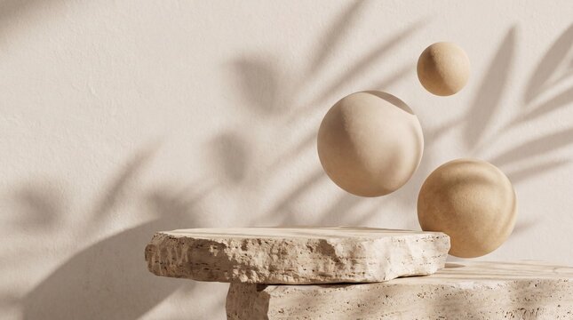 Natural rough stone slab podium with floating geometric spheres and floral shadow for organic skincare product display